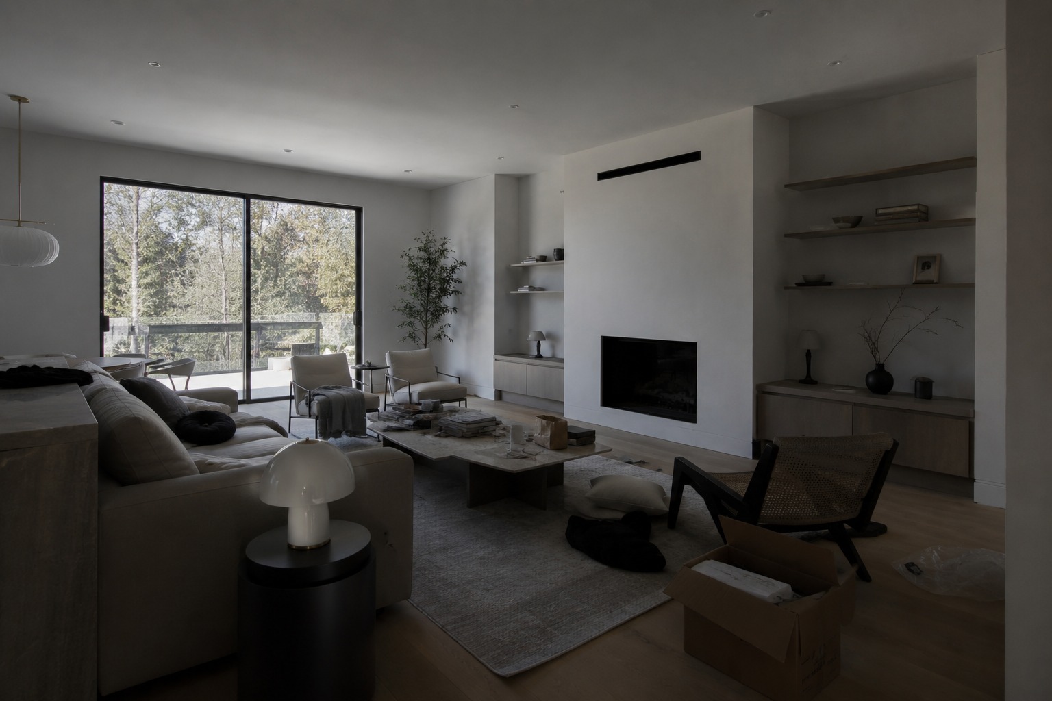 The same living room as shot on a phone, dim and flat